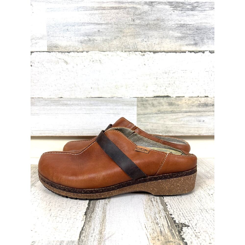 PIKOLINOS Womens 8 Tan Leather Granada Slip On Cork Platform Heeled Clogs Spain
